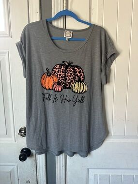 Truself "Fall Is Here Y'all" Leopard Pumpkin Graphic Tee - Size 1X